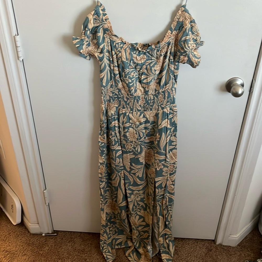 Small maxi dress, brand: patrons of peace, aqua and tan in color, floral print